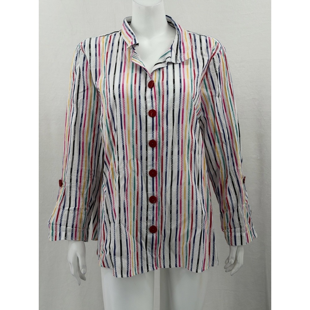 Ali‎ Miles Top Womens XL White Rainbow Stripe Button Up Colorful Artsy Stretch